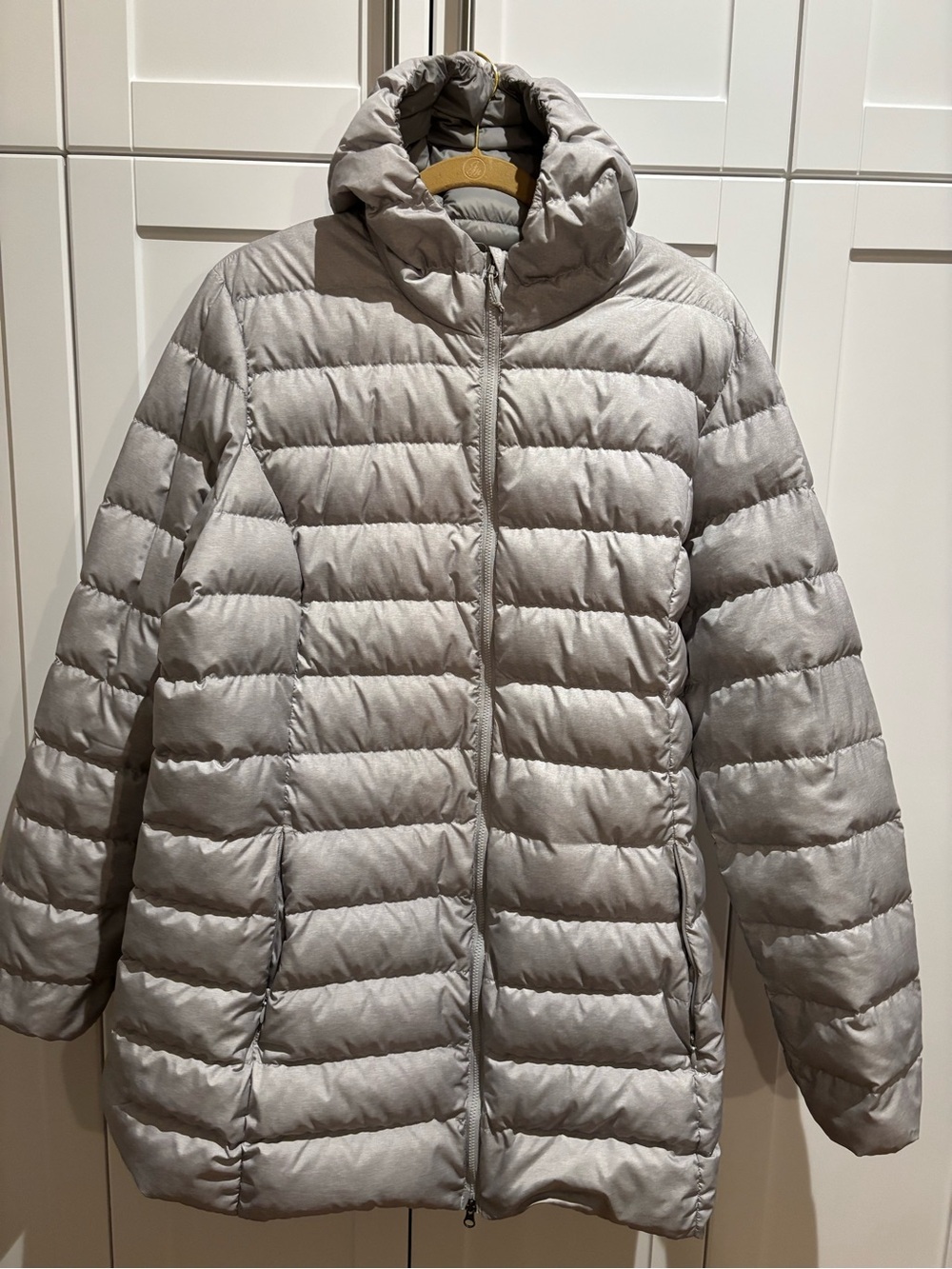 Eddie Bauer Light Gray Puffer Jacket with Hood.